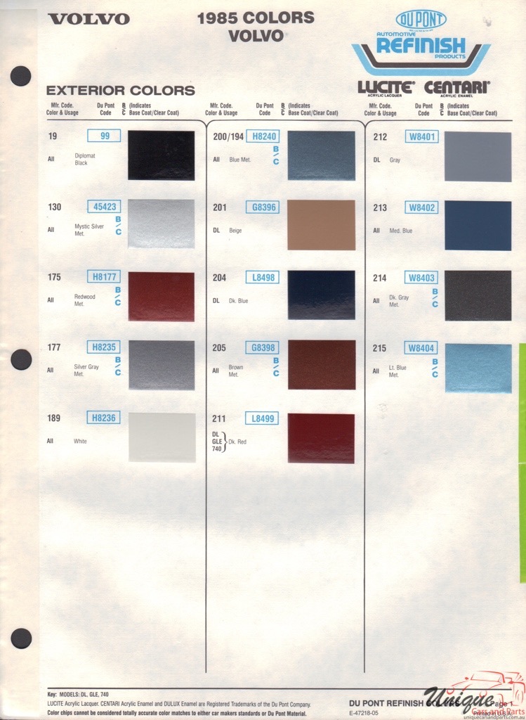 1985 Volvo Paint Charts DuPont 1